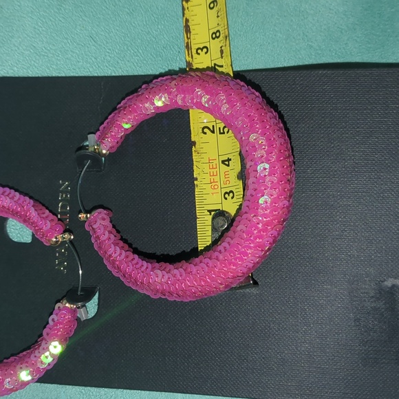 Pink Sequined Hoop Earrings | 2.5" Statement Hoops new - Picture 3 of 6